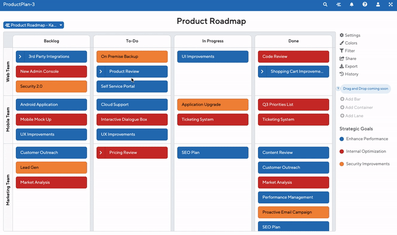 Kanban Roadmap Software Example by ProductPlan
