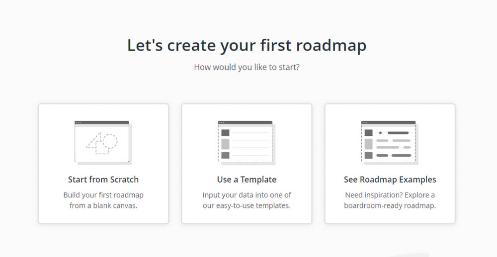 Lets create your first roadmap. How would you like to start. From Scratch, Template, Roadmap examples