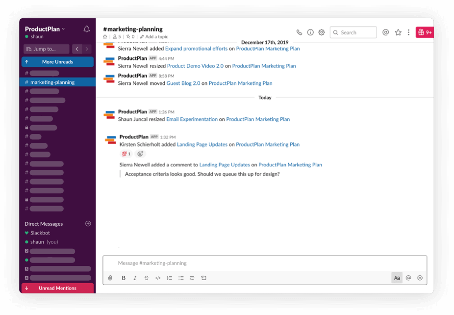 Screenshot showing how the ProductPlan roadmapping tool integrates with Slack.