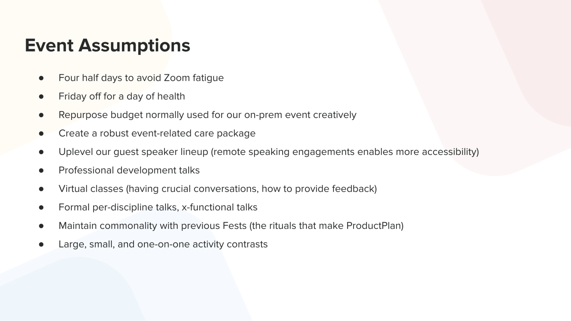 ProductPlan WinterFest Virtual Event Assumptions