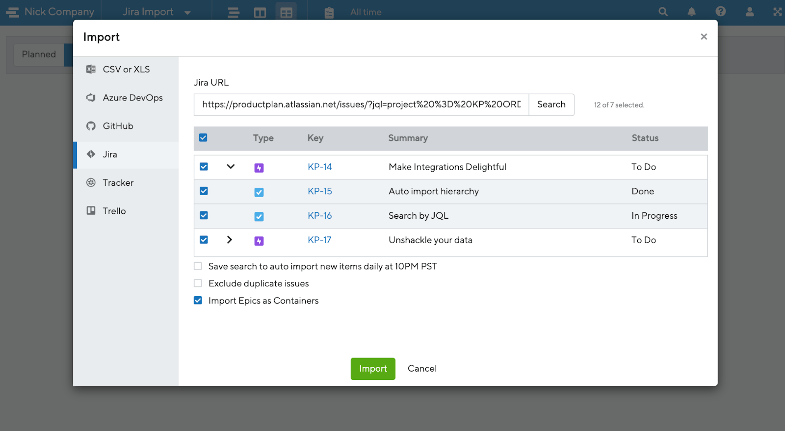 importing Jira epics and stories as containers