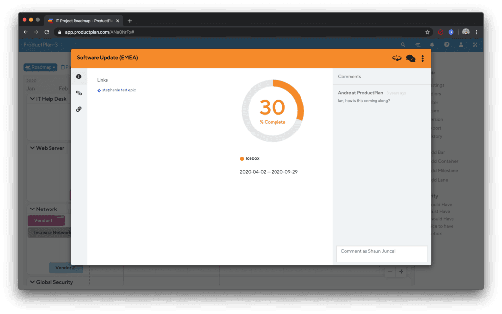 ProductPlan Jira Integration Setup Screen