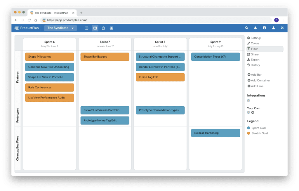 productplan sprint list view