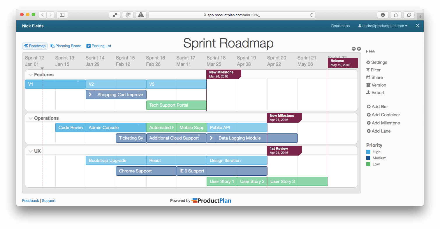 ProductPlan's Sprint Roadmap Template